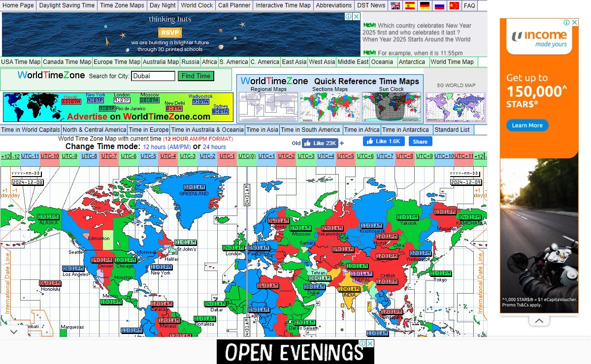 World Time Zone and current time around the World and standard world time zones map of the world- 12 format
