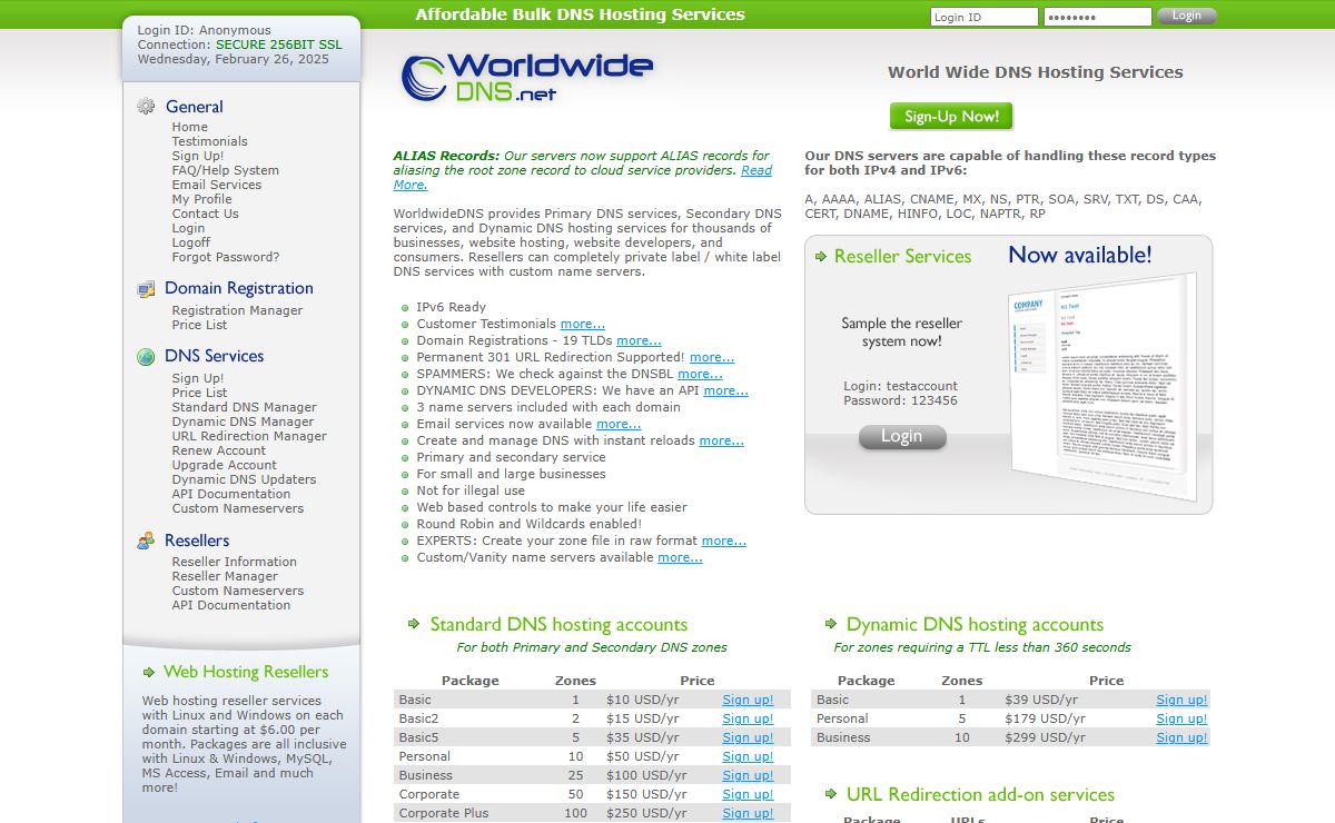 Bulk Primary DNS services, Secondary DNS services, Dynamic DNS hosting services for businesses, website hosting, website developers, and consumers.