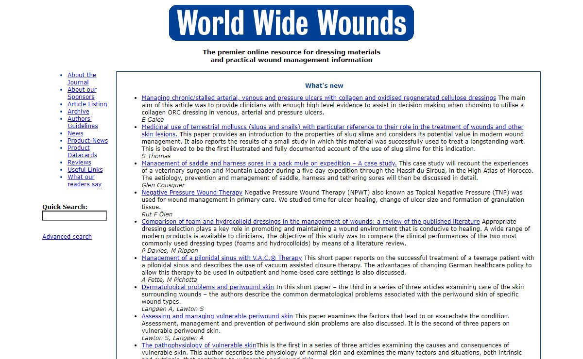 World Wide Wounds - The Electronic Journal of Wound Management Practice (including woundcare, wound care, wounds, and dressings).