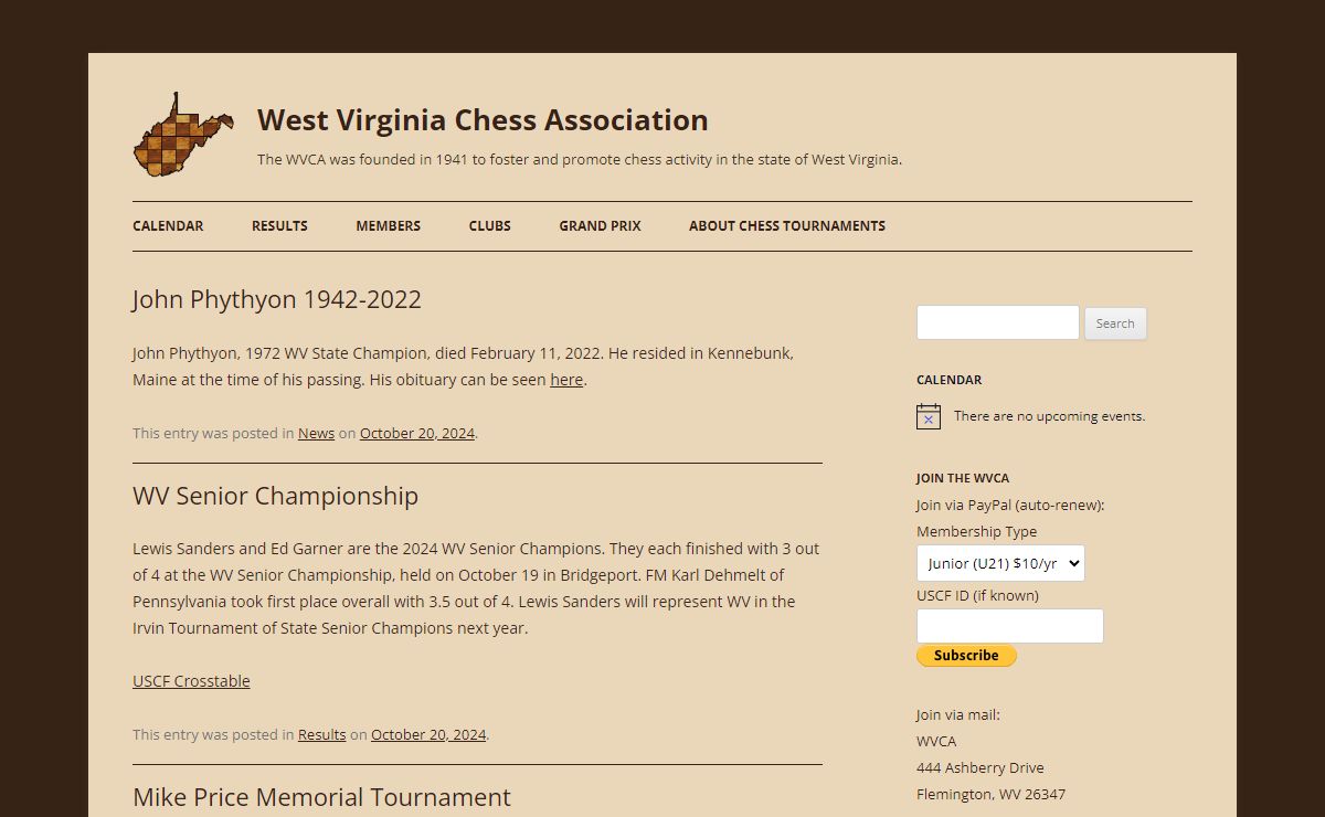 West Virginia Chess Association | The WVCA was founded in 1941 to foster and promote chess activity in the state of West Virginia.