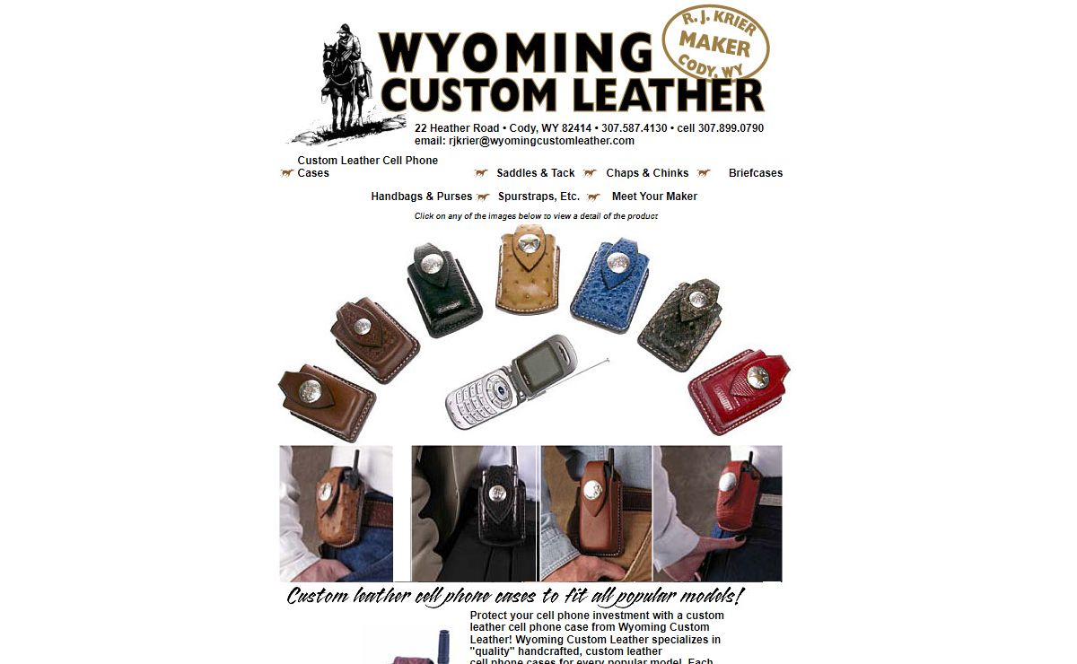 Custom leather cell phone cases and leather cell phone cases from Wyoming Custom Leather, makers of custom leather cell phone cases, custom saddles, tack, chaps, chinks, custom leather briefcases, handbags, purses, spurstraps, and more