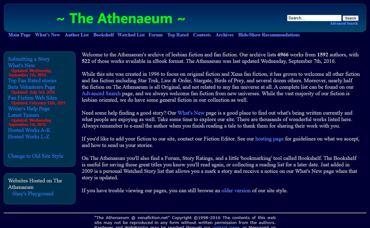 The Athenaeum @ xenafiction.net. Lesbian Fiction and Xena Fan Fiction Index