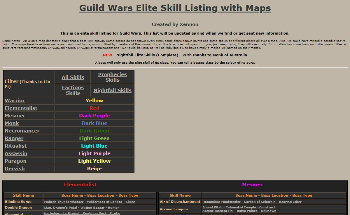 Guild Wars Elite Skills Listing with Maps. Now with Factions and Nightfall skills.