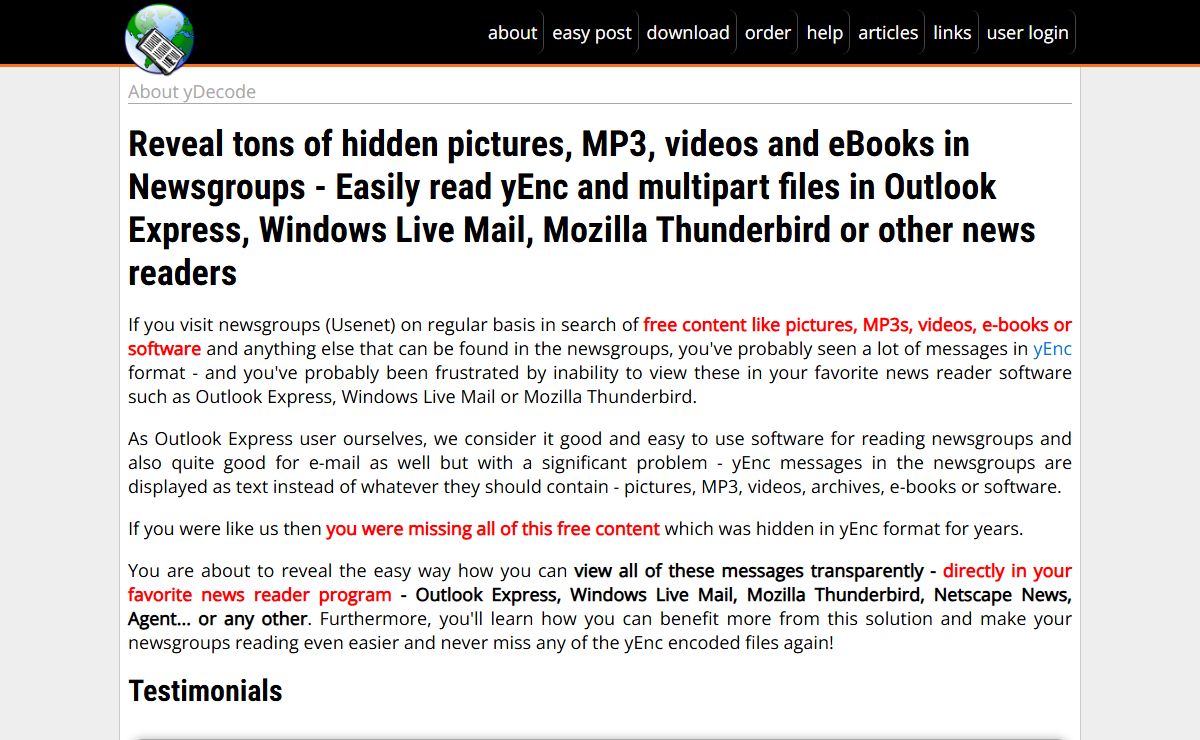 yEnc Decoder for Outlook Express, Windows Mail, Thunderbird or other news reader - yDecode