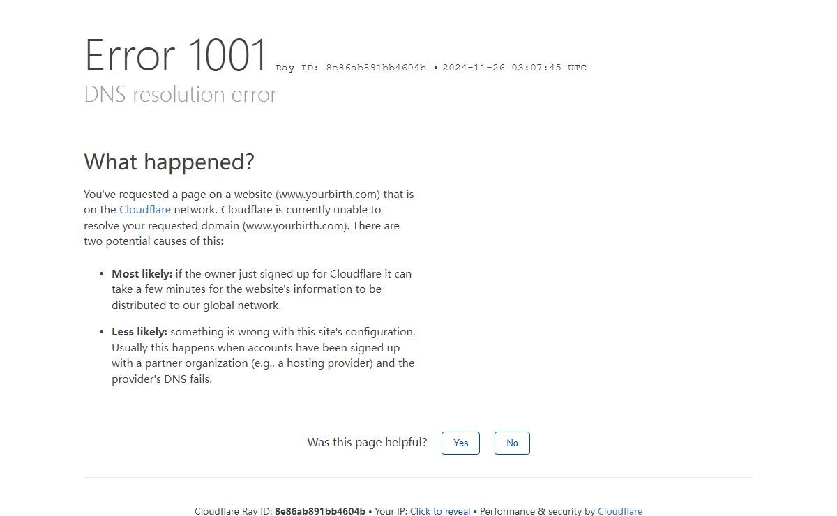 DNS resolution error | www.yourbirth.com | Cloudflare