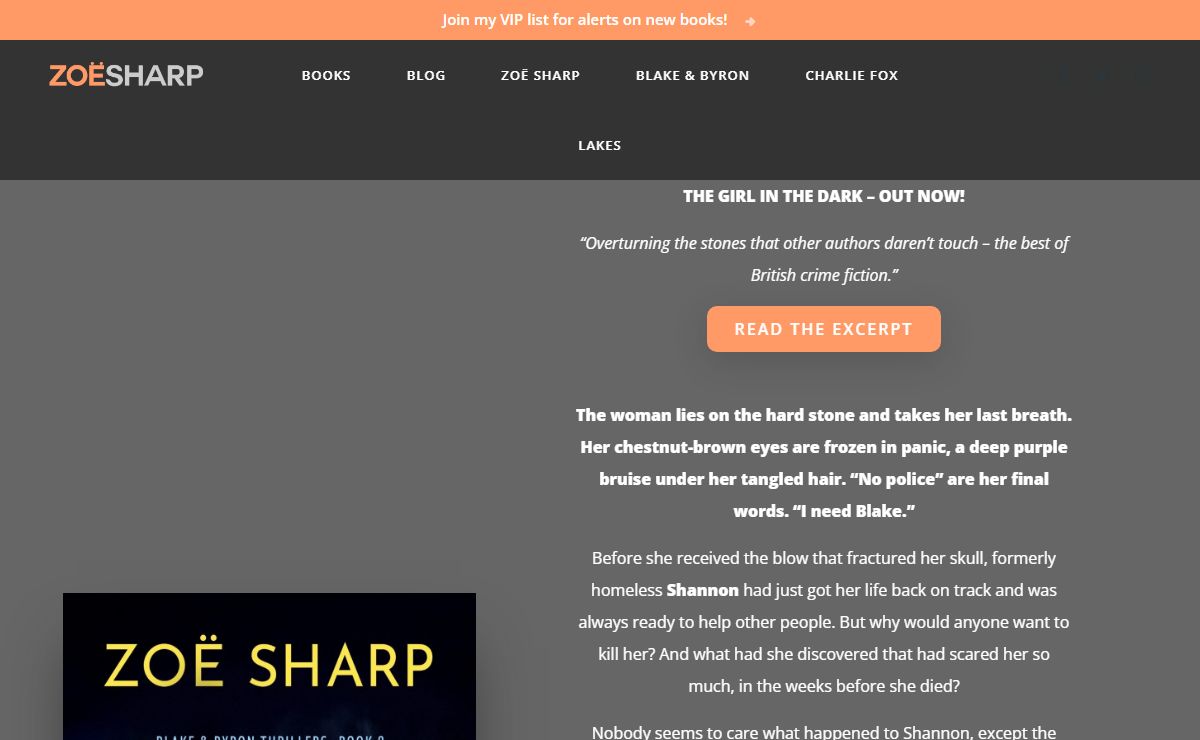 Launch The Girl In The Dark : Zoë Sharp: Author of the Charlie Fox series and the Lakes Thriller series.