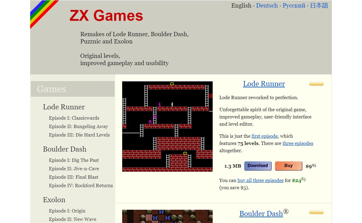 ZX Games - classic games from ZX Spectrum era: Lode Runner, Boulder Dash, Puzznic, Exolon