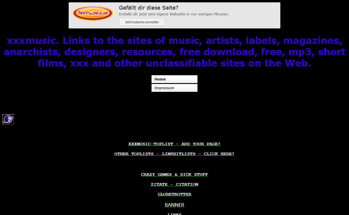 xxxmusic. Links to the sites of music, artists, labels, magazines, anarchists, designers, resources, free download, free, mp3, short films, xxx and other unclassifiable sites on the Web.