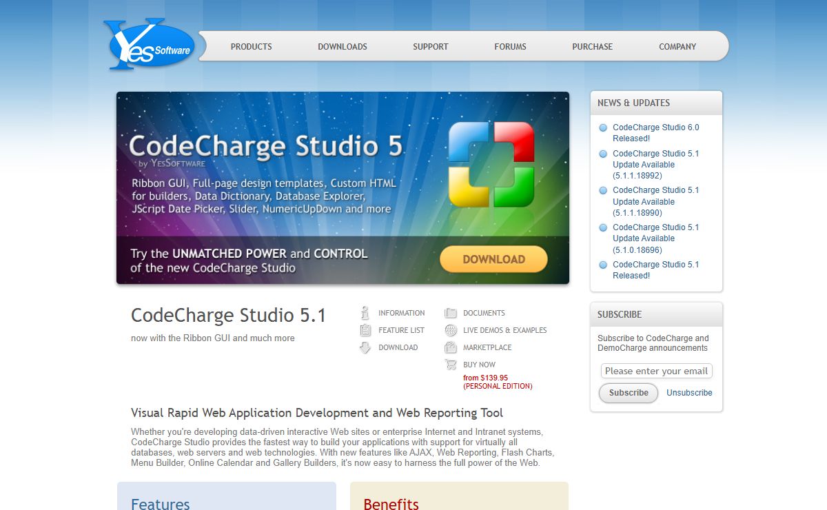 CodeCharge Studio for Rapid Web Application Development and Visual Web Reporting; DemoCharge Screen Recorder