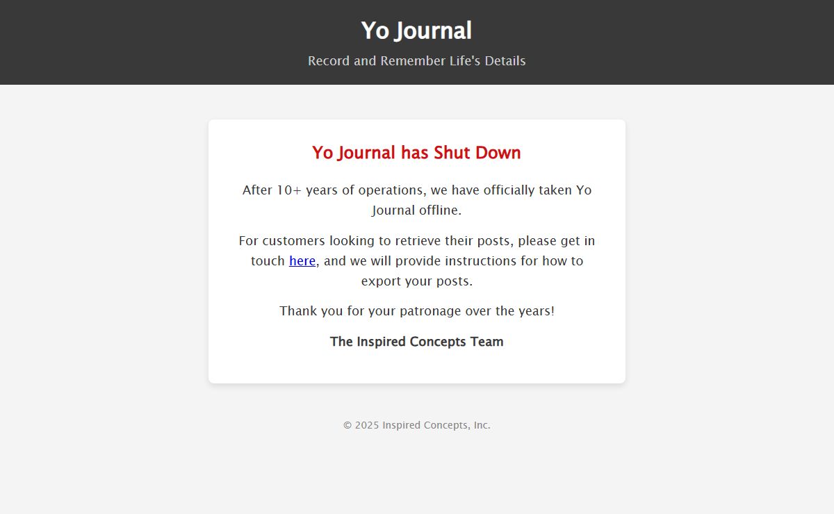 Yo Journal Shutdown Notice