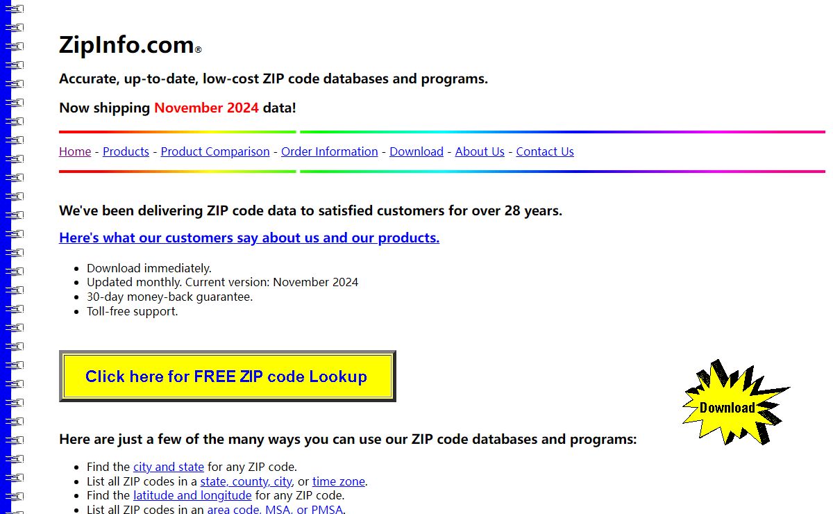 Free ZIP code lookup and ZIP code, area code, county, latitude, longitude, MSA, CBSA, county FIPS code, time zone, and place FIPS databases and programs